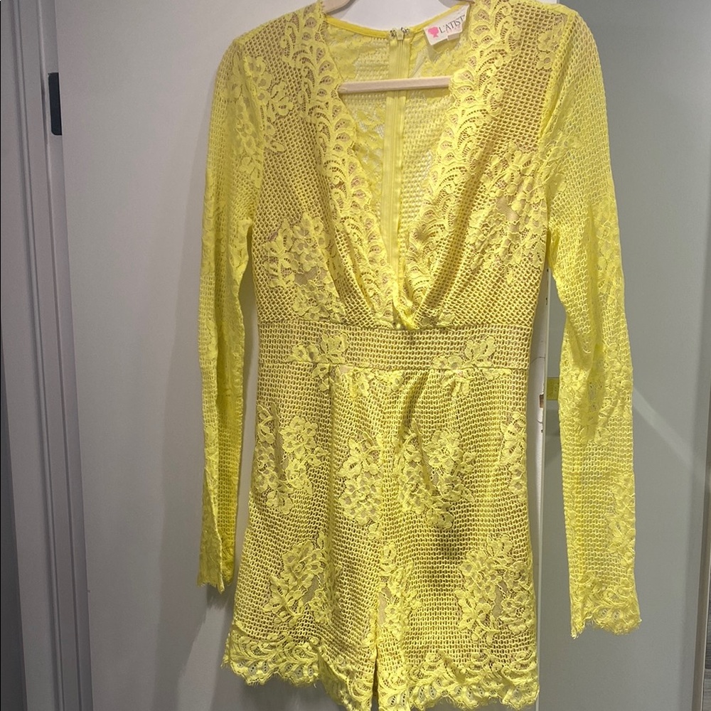 L’atiste Yellow Lace Long Sleeve Romper medium lined